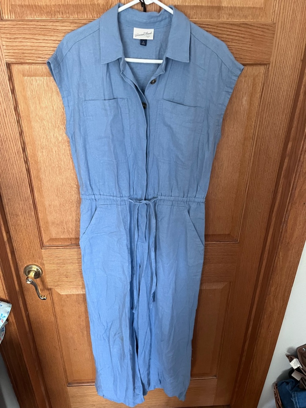 Universal thread Linen Blue Collared Drawstring, cropped jumpsuit